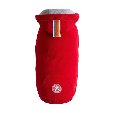 Red dog hoodie with a colorful stripe on a white background
