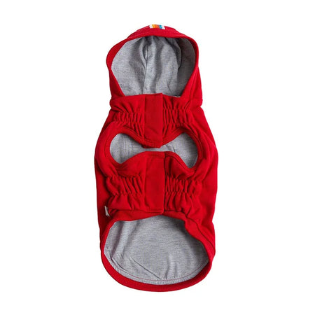 Red pet hoodie with gray lining on a white background