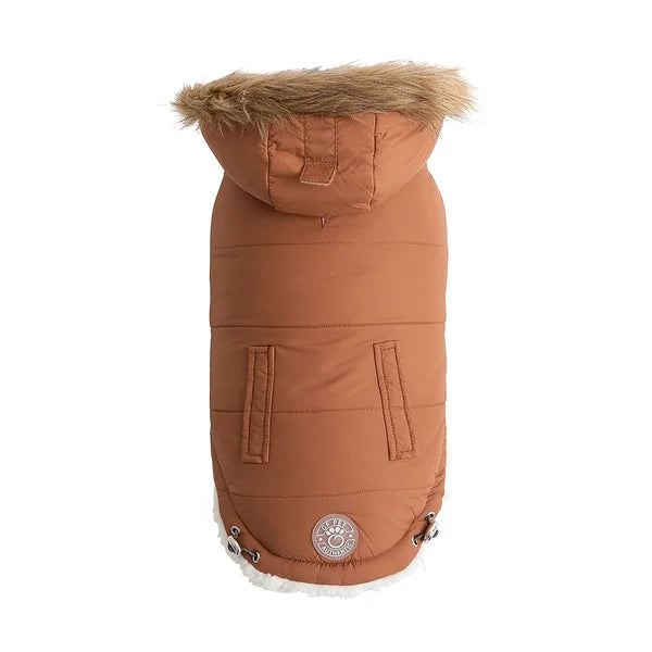 Brown dog coat with fur hood on a white background