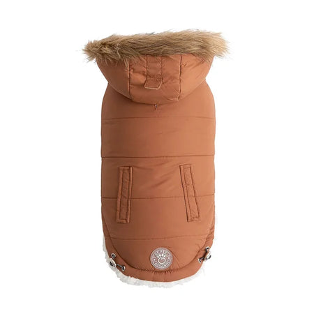 Brown dog coat with fur hood on a white background