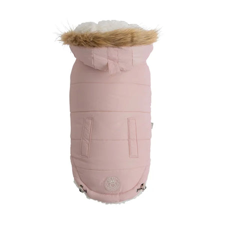 Pink dog coat with fur-lined hood on a white background