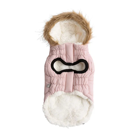 Pink dog coat with fur-lined hood and white interior on a white background