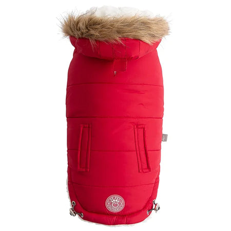 Red dog coat with fur hood on a white background