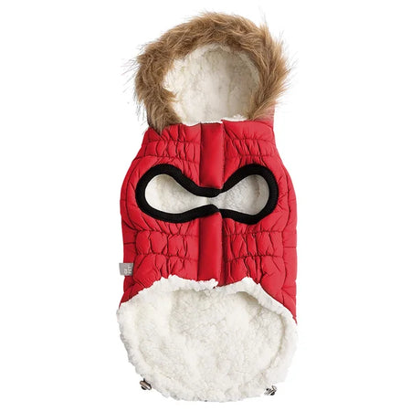 Red dog coat with fur-lined hood and white interior on a white background