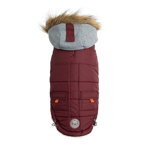 Maroon dog coat with gray hood and fur trim on a white background
