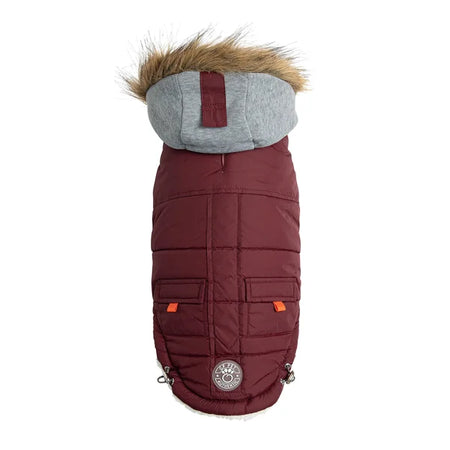 Maroon dog coat with gray hood and fur trim on a white background