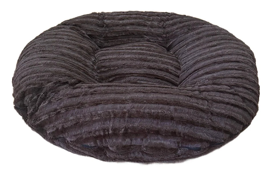 Round dark gray pet bed on a white background