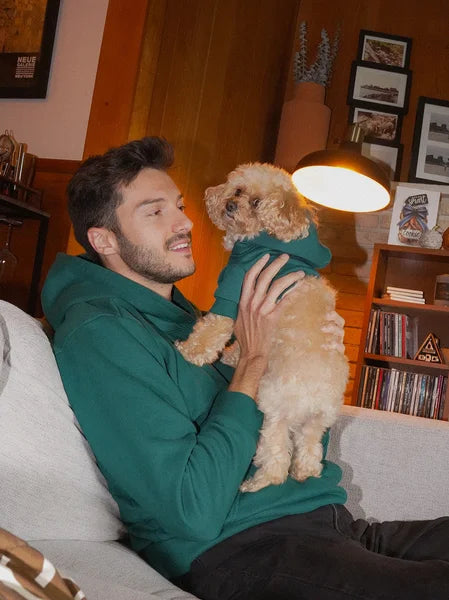 Man holding a small dog in a cozy living room