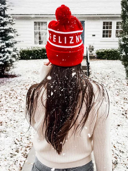 Person wearing a red 'Feliz Navidog' beanie in a snowy outdoor setting.