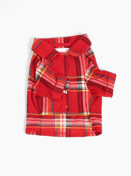 Red plaid dog coat on a white background