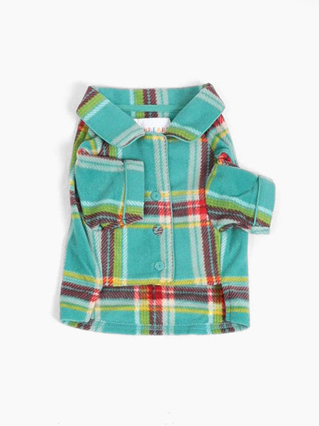 Plaid shirt with teal collar on a white background