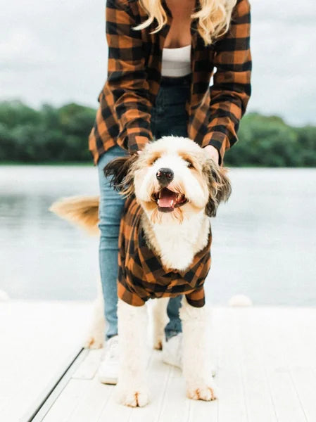 Person in plaid shirt with dog in matching outfit by a lake
