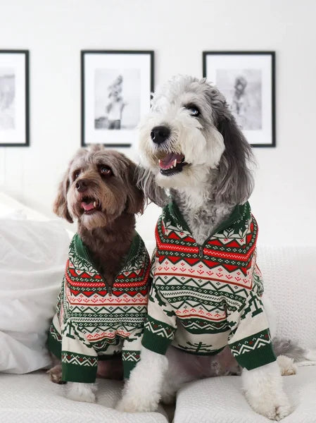 Two dogs wearing festive pajamas sitting on a bed.