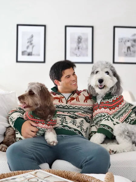 Man and two dogs wearing matching holiday sweaters sitting on a couch.