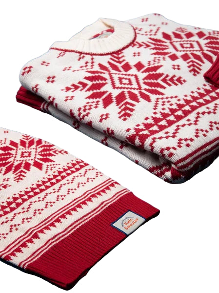 Red and white patterned sweater and scarf on a dark blue background