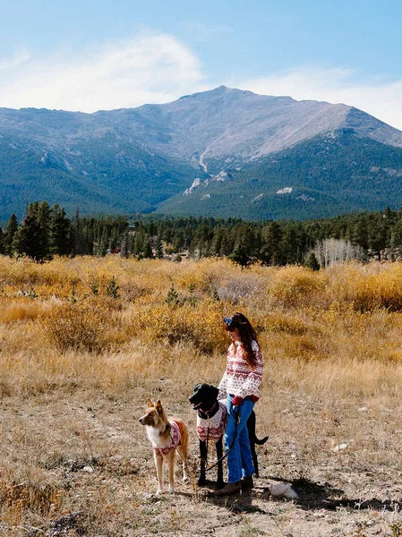 Woman with two dogs standing in a field with mountains in the background