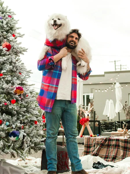 Man holding a fluffy white dog in a festive setting with a decorated Christmas tree.