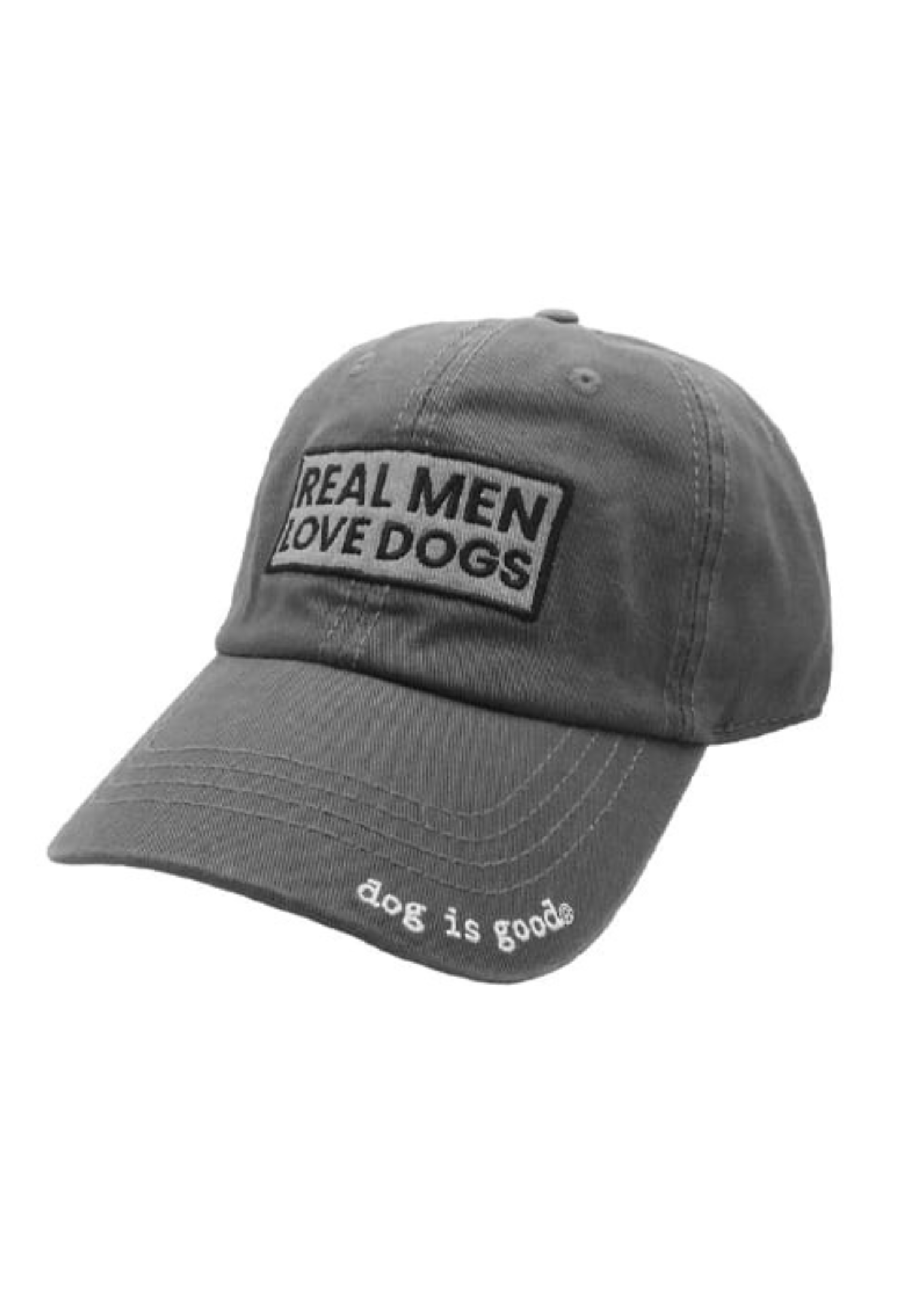 Gray cap with 'Real Men Love Dogs' patch on a white background