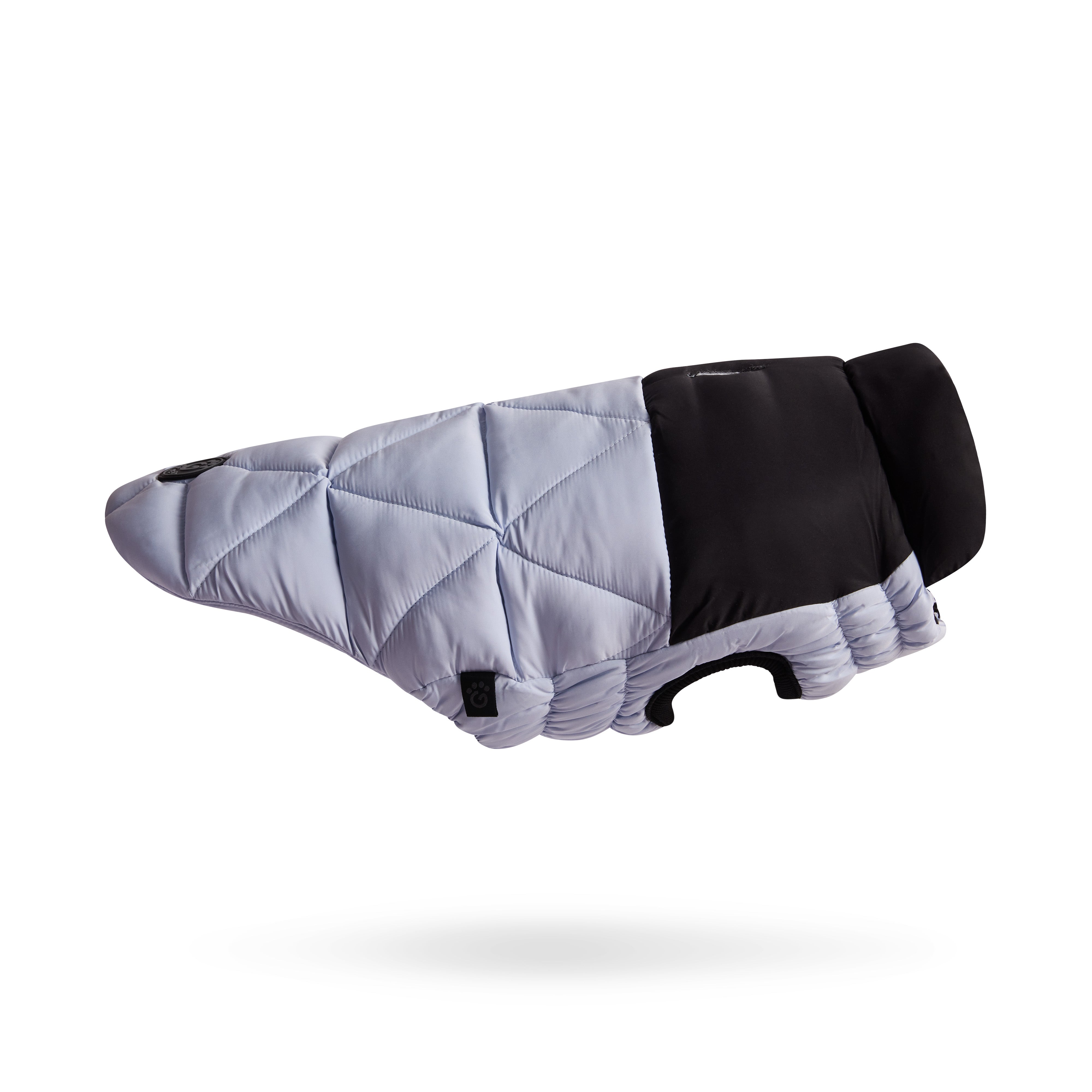 Gray quilted dog coat with black accents on a white background