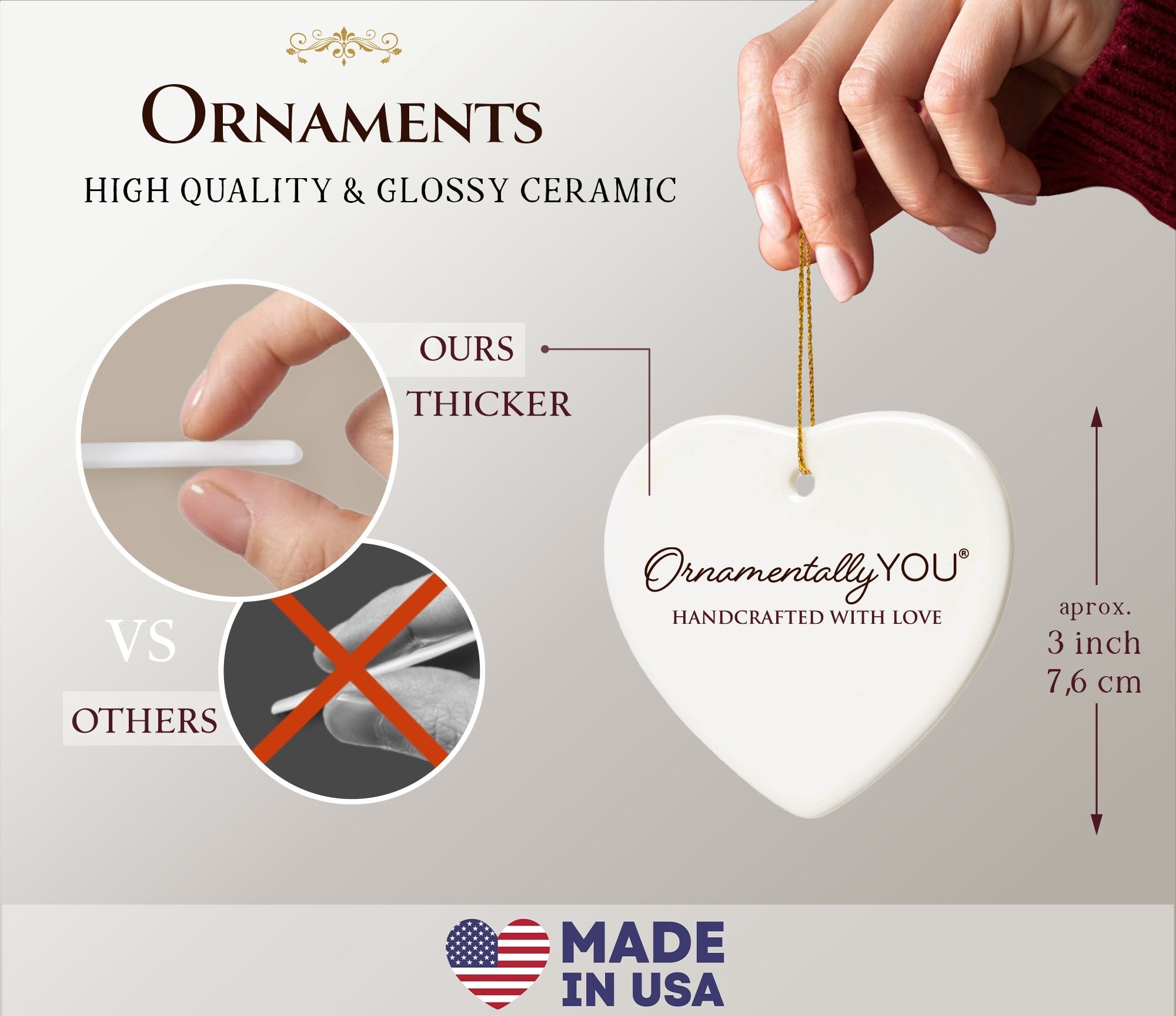 Heart-shaped ceramic ornament with 'Ornamentally YOU' branding, handcrafted with love, made in USA, and features on ABC, CBS, Fox, and NBC.