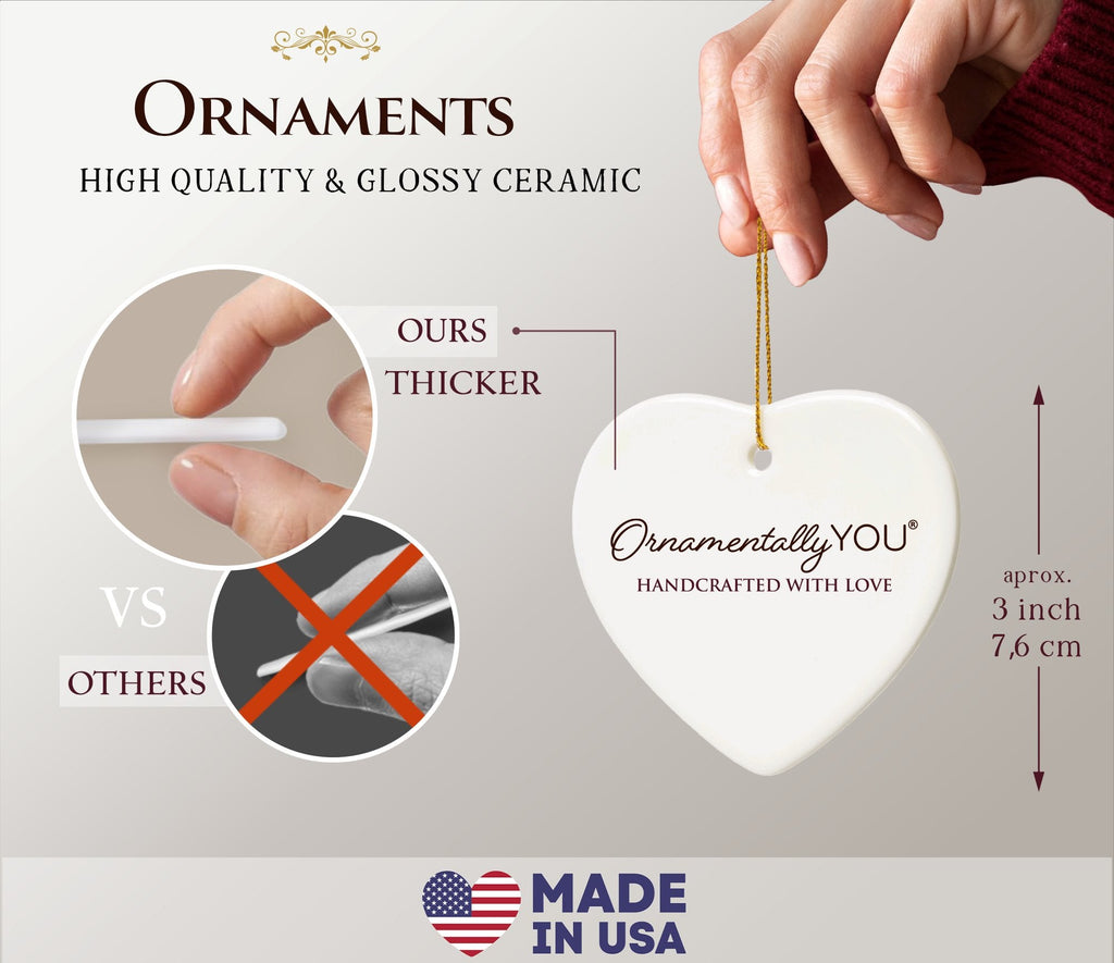 Heart-shaped ceramic ornament with 'Ornamentally YOU' branding, handcrafted with love, made in USA, and features on ABC, CBS, Fox, and NBC.