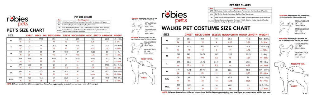 Two size charts for pets and pet costumes by Robies Pets on a white background.