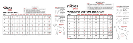 Two size charts for pets and pet costumes by Robies Pets on a white background.