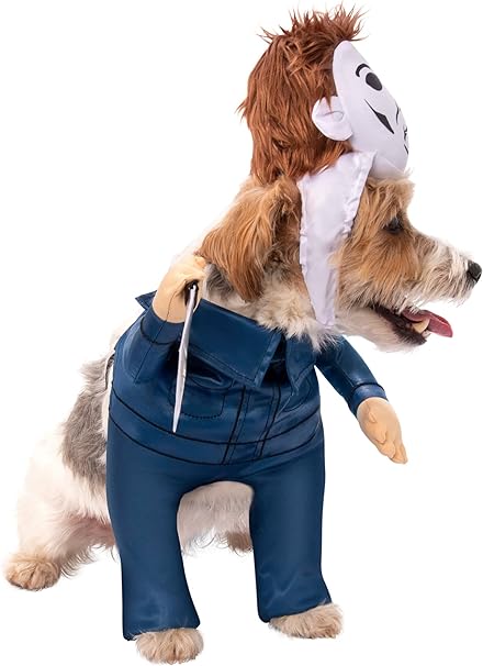 Dog wearing a blue jumpsuit with a hood on a white background