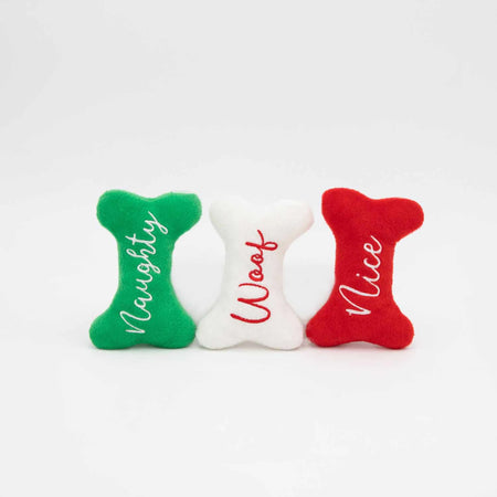 Holiday Miniz Naughty, Nice, Woof Bones Plush Dog Toy - 3pk - ZippyPaws