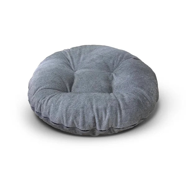 Gray donut-shaped pet bed on a white background