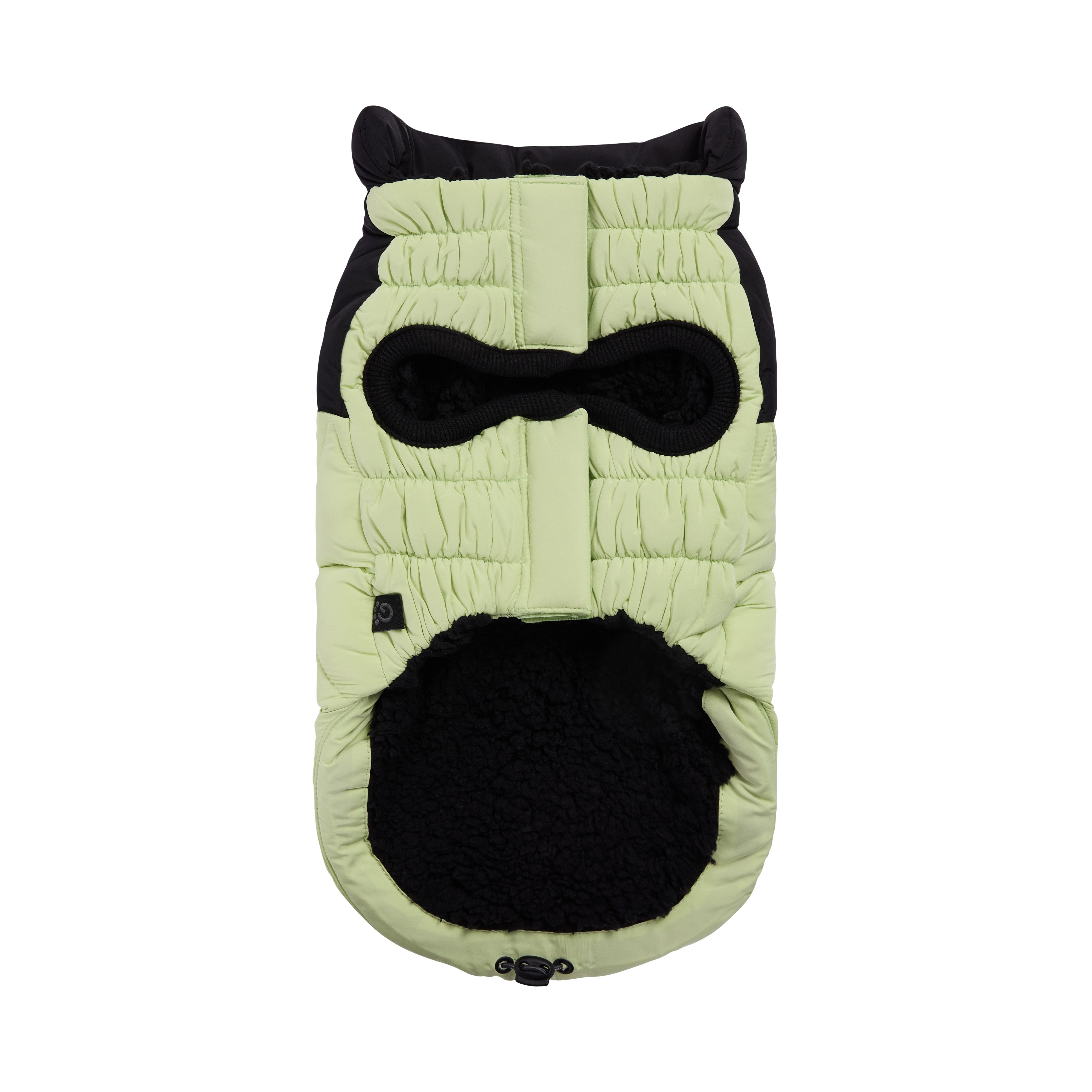 Light green quilted dog coat with black accents on a white background