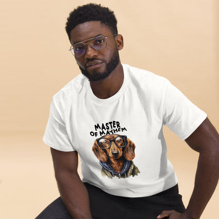 "Master of Mayhem" Long-Haired Dachshund Graphic T-Shirt lifestyle image with man sitting