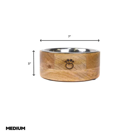 Wooden dog bowl with metal interior, dimensions indicated, on a white background