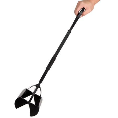 Black garden tool with a long handle held by a hand on a white background