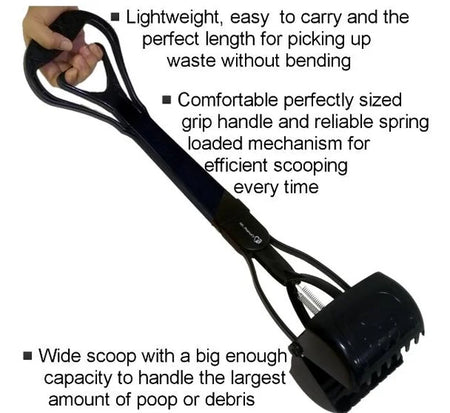 Black pet waste picker with text highlighting its features on a white background