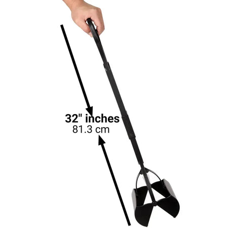Black metal dog pooper scooper with measurement label on a white background