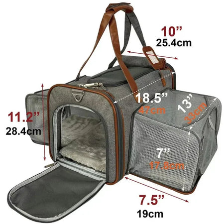 Gray pet carrier with brown straps and measurements on a white background