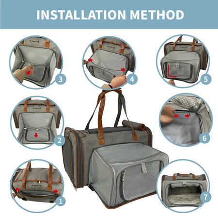 Step-by-step guide on how to install a pet carrier with close-up illustrations.