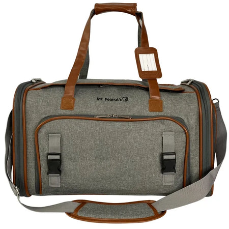 Gray duffel bag with brown straps and accents on a white background