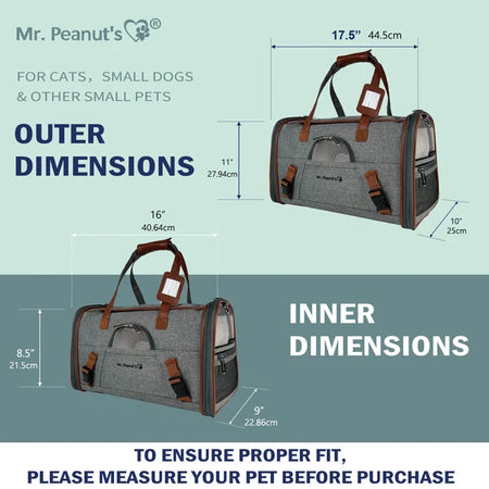 Pet carrier with dimensions labeled for cats, small dogs, and other small pets.