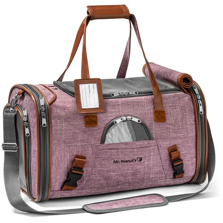 Pet carrier with brown straps and visible brand logo on a white background