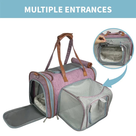 Pet carrier with multiple entrances and a hand holding the top of the carrier.
