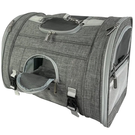 Gray pet carrier with open door on a white background