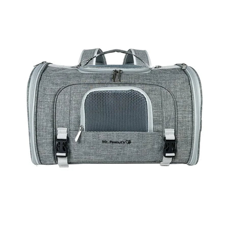 Gray pet carrier with 'Mr. Peanut's' branding on a white background
