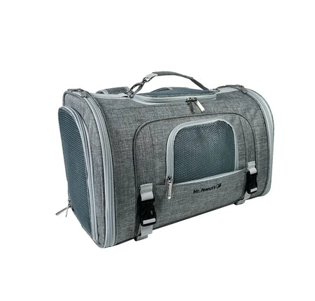 Gray pet carrier with mesh side on a white background