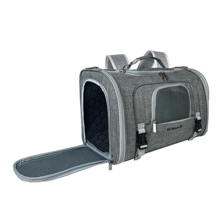 Gray pet carrier with open front door on a white background
