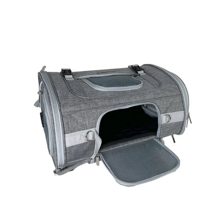 Gray pet carrier with open door on a white background