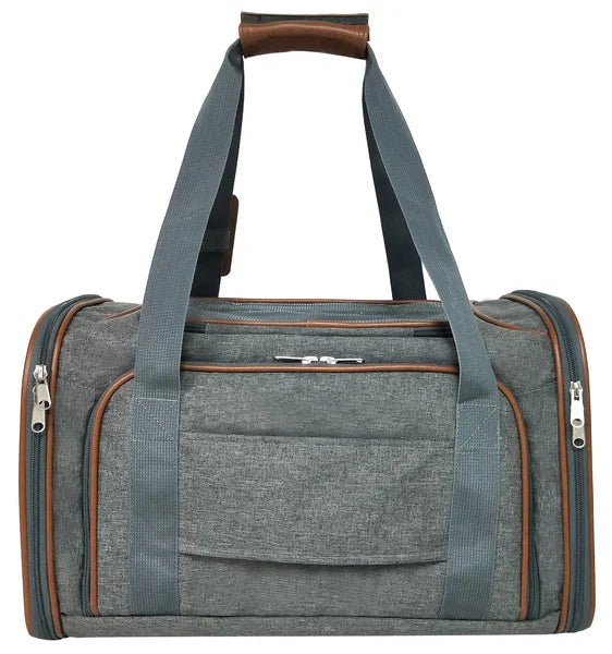 Gray duffel bag with brown accents on a white background