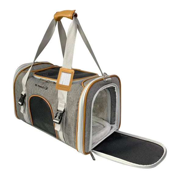 Pet carrier with a gray and brown design on a white background
