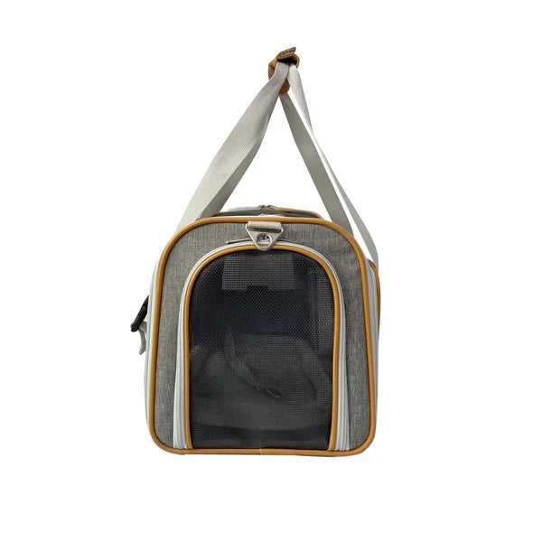 Pet carrier with a mesh front on a white background